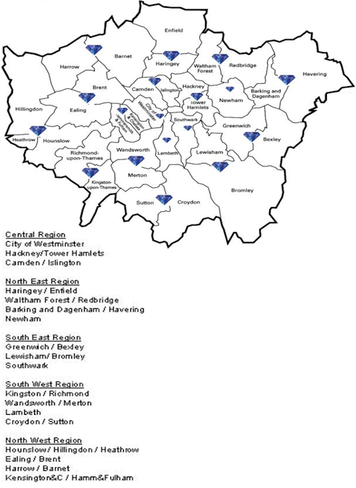 London map marked by borough with Sapphire images of different sizes