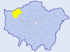 Map of London showing location of the London borough of Harrow