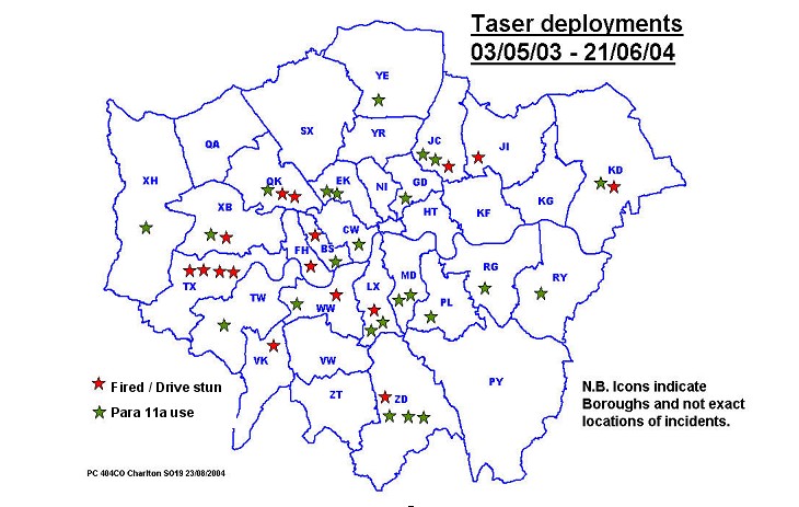 Map showing taser deployments by borough